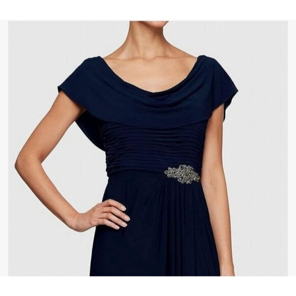 Alex Evenings Navy Blue Beaded Ruched Gown Size 16P Elegant Evening Maxi Dress - Picture 3 of 15